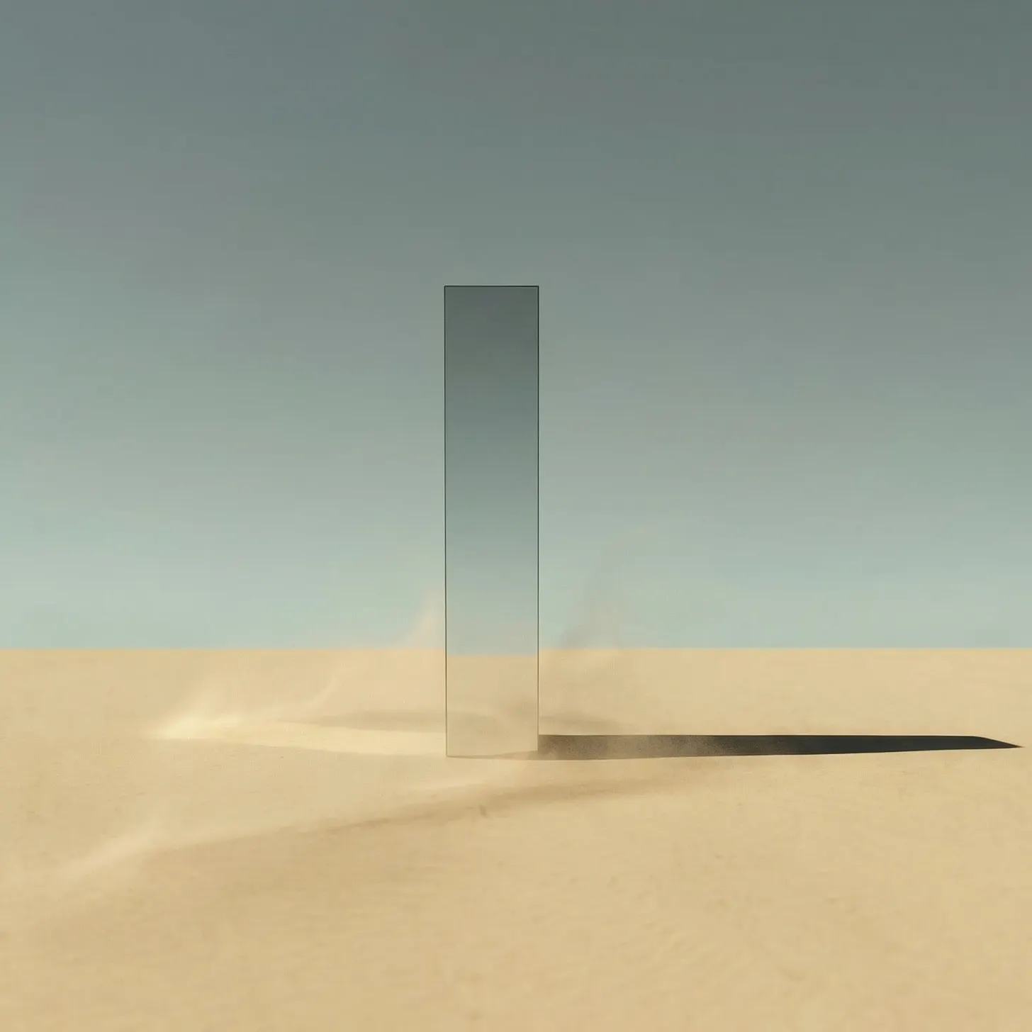 A tall, mirrored monolith stands in a windswept desert, casting a long shadow across the sand under a pale blue-grey sky, with wisps of dust blowing past its base.